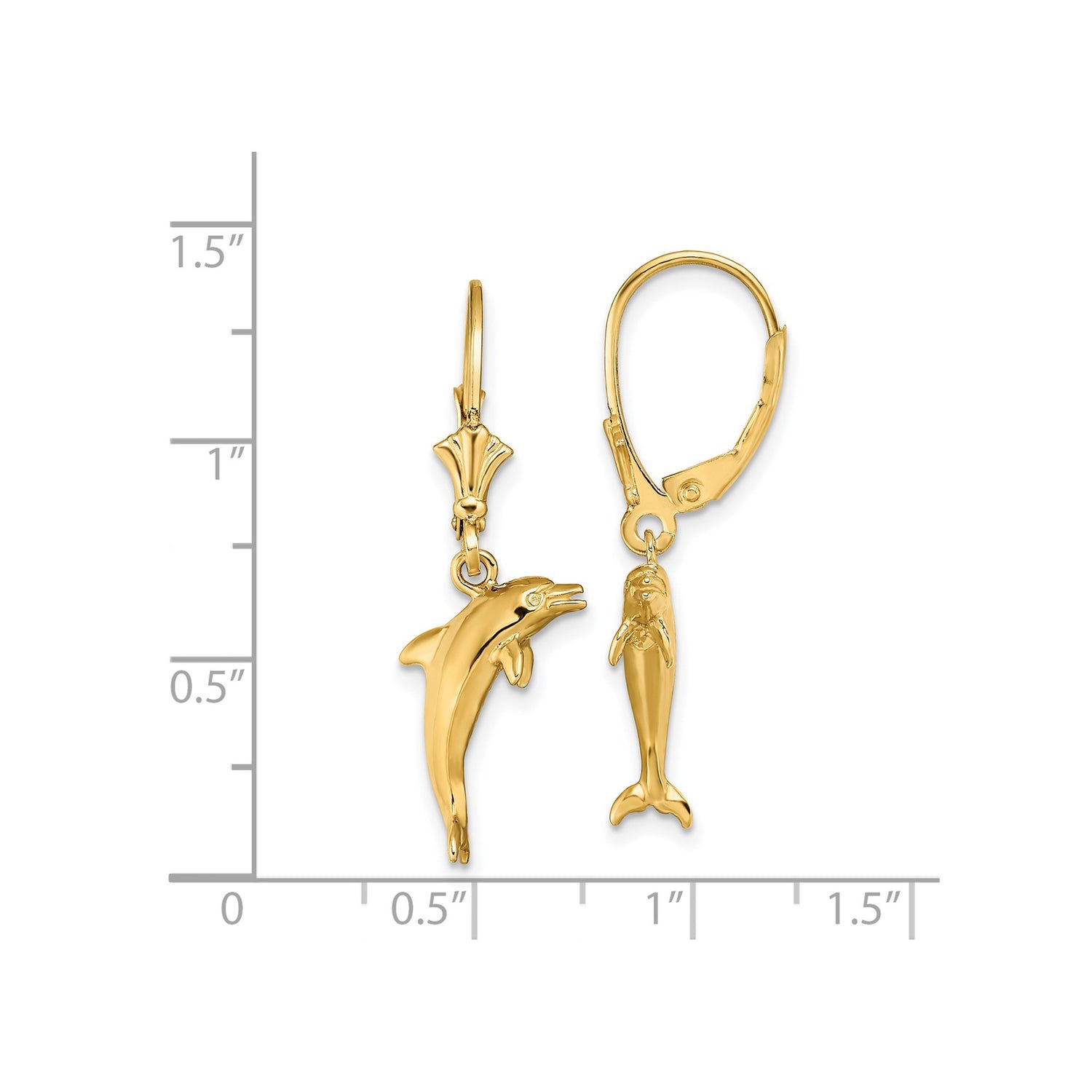 14k Yellow Gold Dolphin Dangle Earrings with Leverback Closures, Nautical Marine Life Theme