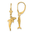 14k Yellow Gold Dolphin Dangle Earrings with Leverback Closures, Nautical Marine Life Theme