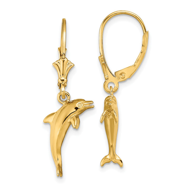 14k Yellow Gold Dolphin Dangle Earrings with Leverback Closures, Nautical Marine Life Theme