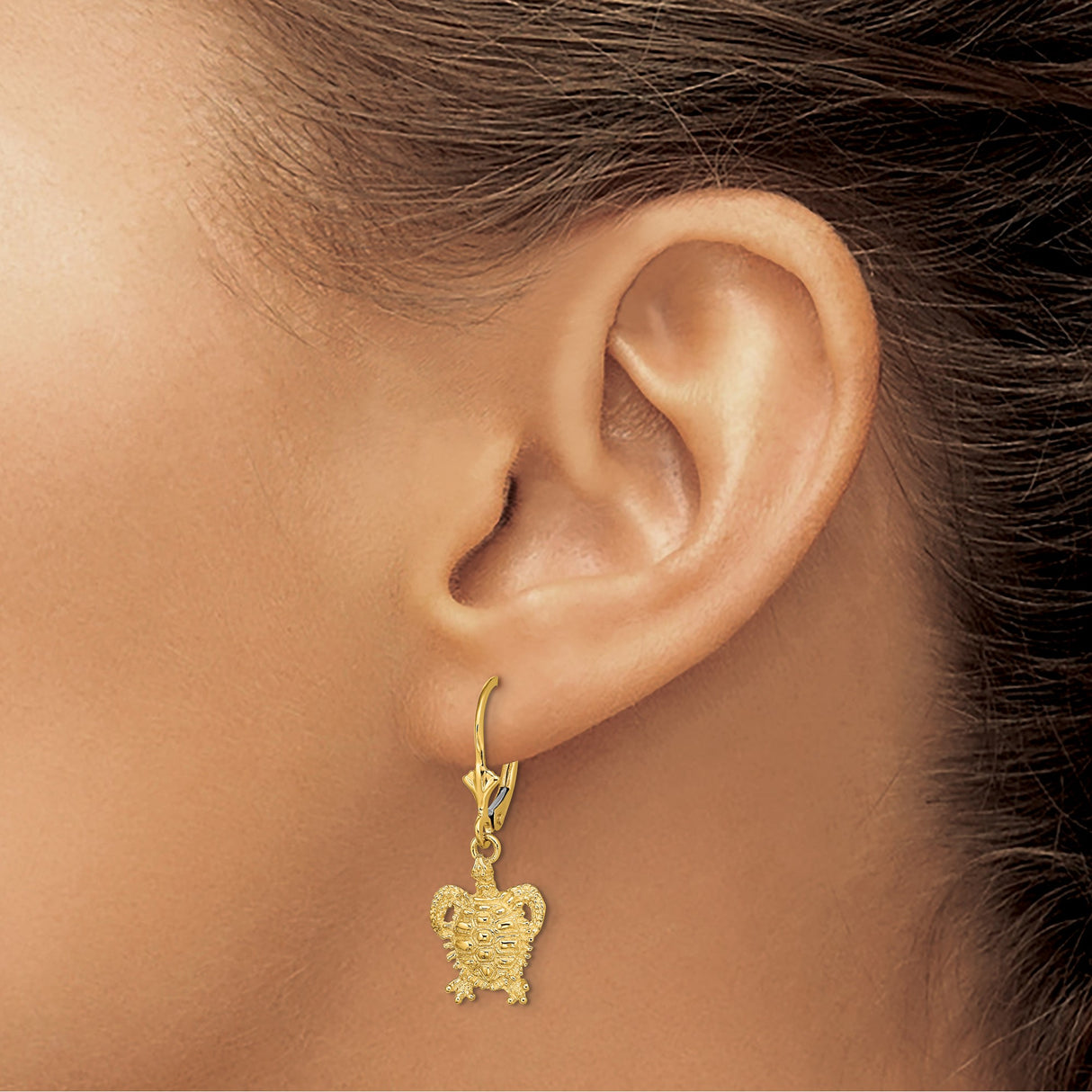 14k Yellow Gold Turtle Dangle Earrings with Leverback Closure, Nautical Ocean-Inspired Design