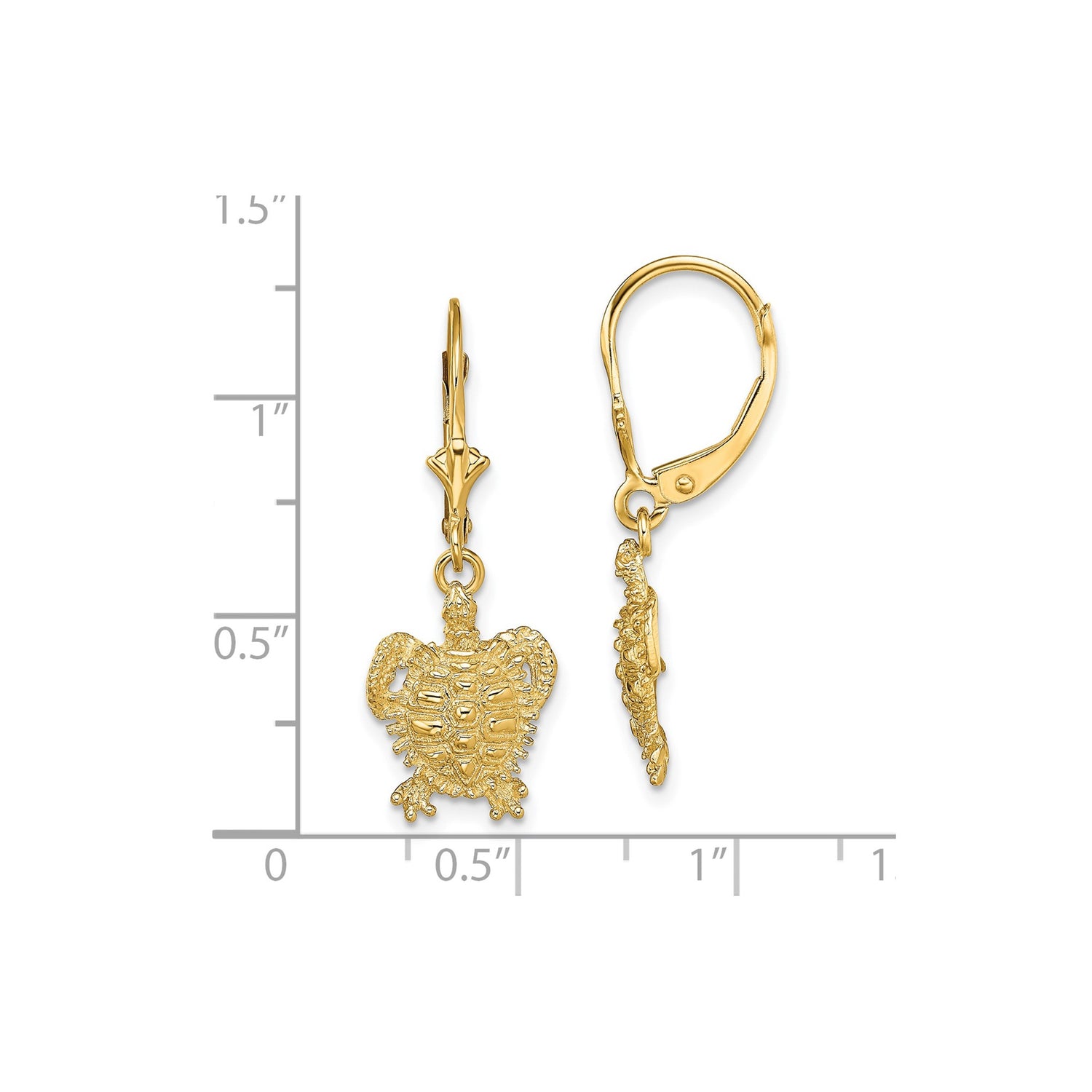 14k Yellow Gold Turtle Dangle Earrings with Leverback Closure, Nautical Ocean-Inspired Design
