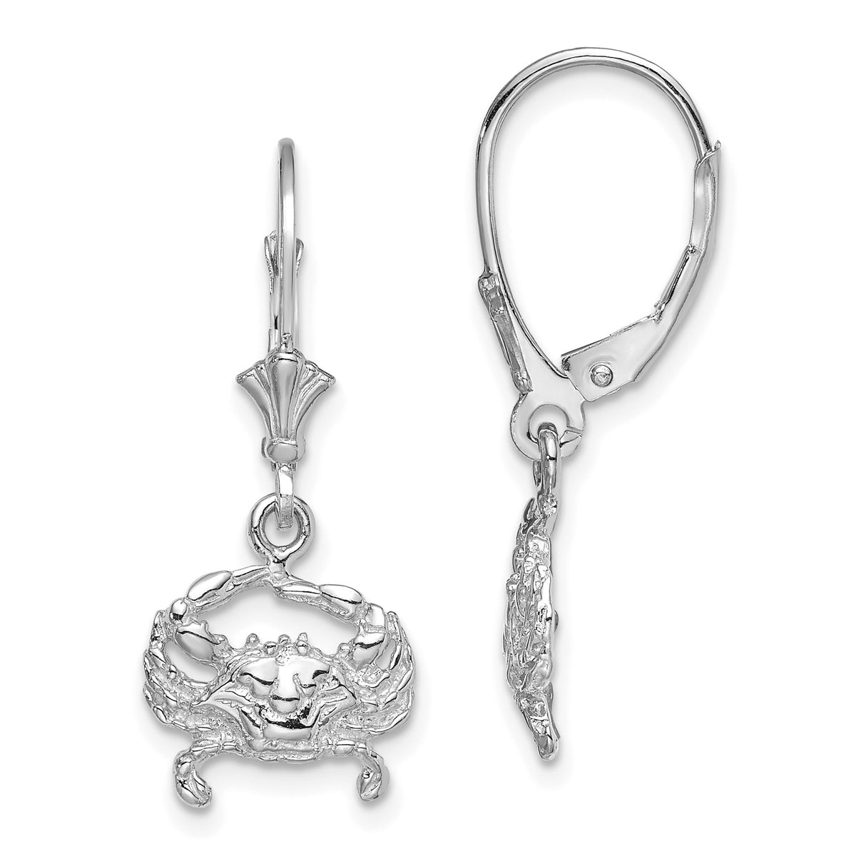 14k White Gold Crab Dangle Earrings, Cancer Zodiac Coastal Ocean Theme for Women