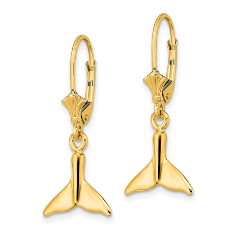14k Yellow Gold Dangle Earrings with Whale Tail Charm and Seashell Accent
