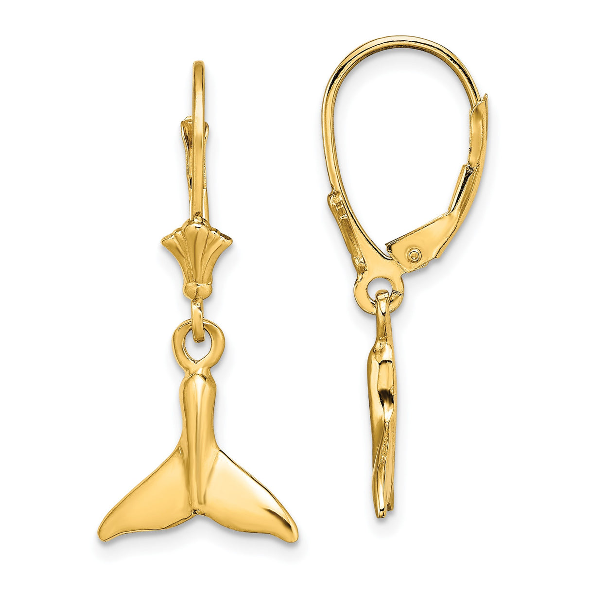 14k Yellow Gold Dangle Earrings with Whale Tail Charm and Seashell Accent