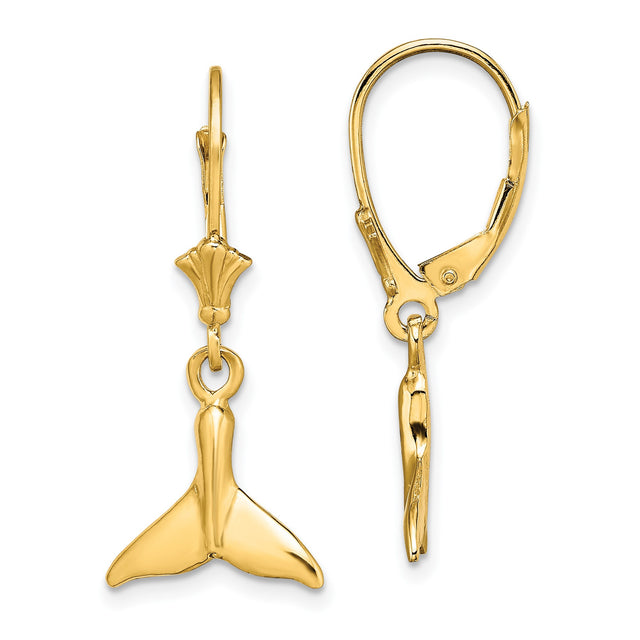 14k Yellow Gold Dangle Earrings with Whale Tail Charm and Seashell Accent