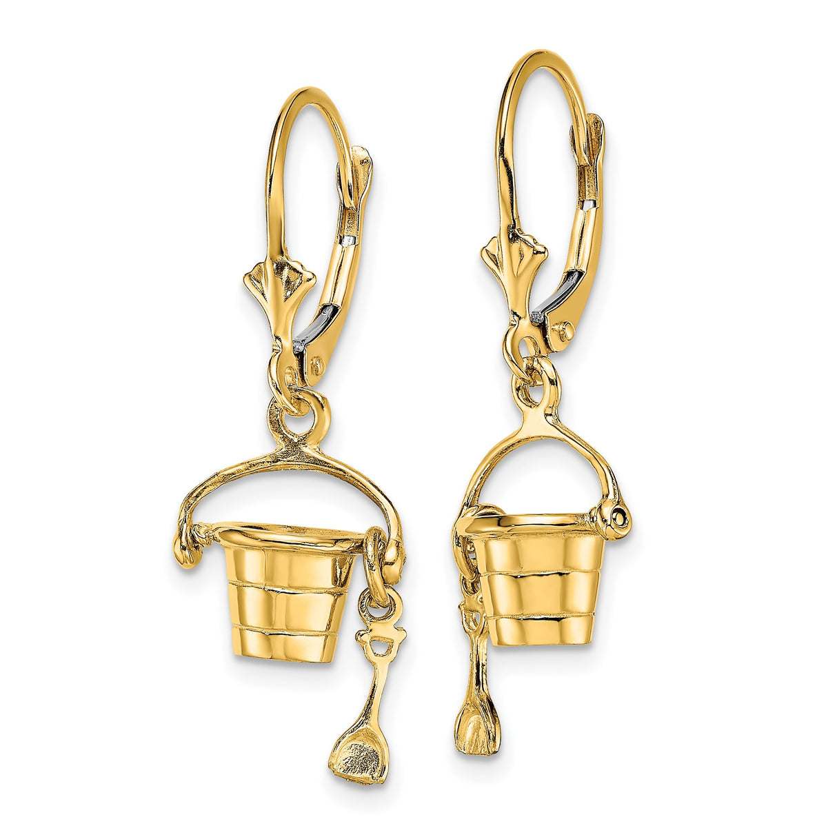14k Yellow Gold Dangle Earrings with Bucket and Shovel Charms, Coastal Summer Style