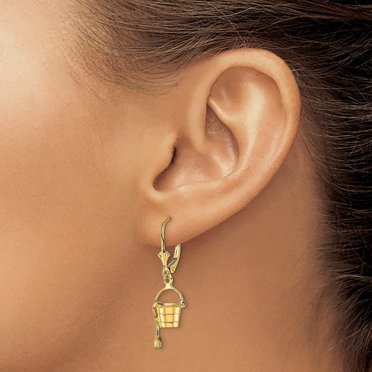 14k Yellow Gold Dangle Earrings with Bucket and Shovel Charms, Coastal Summer Style