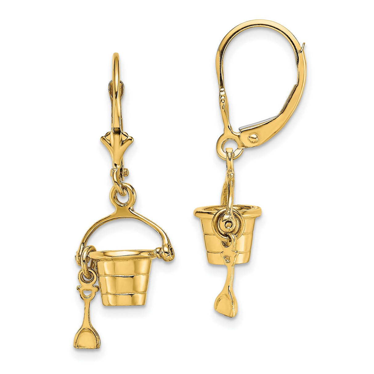 14k Yellow Gold Dangle Earrings with Bucket and Shovel Charms, Coastal Summer Style