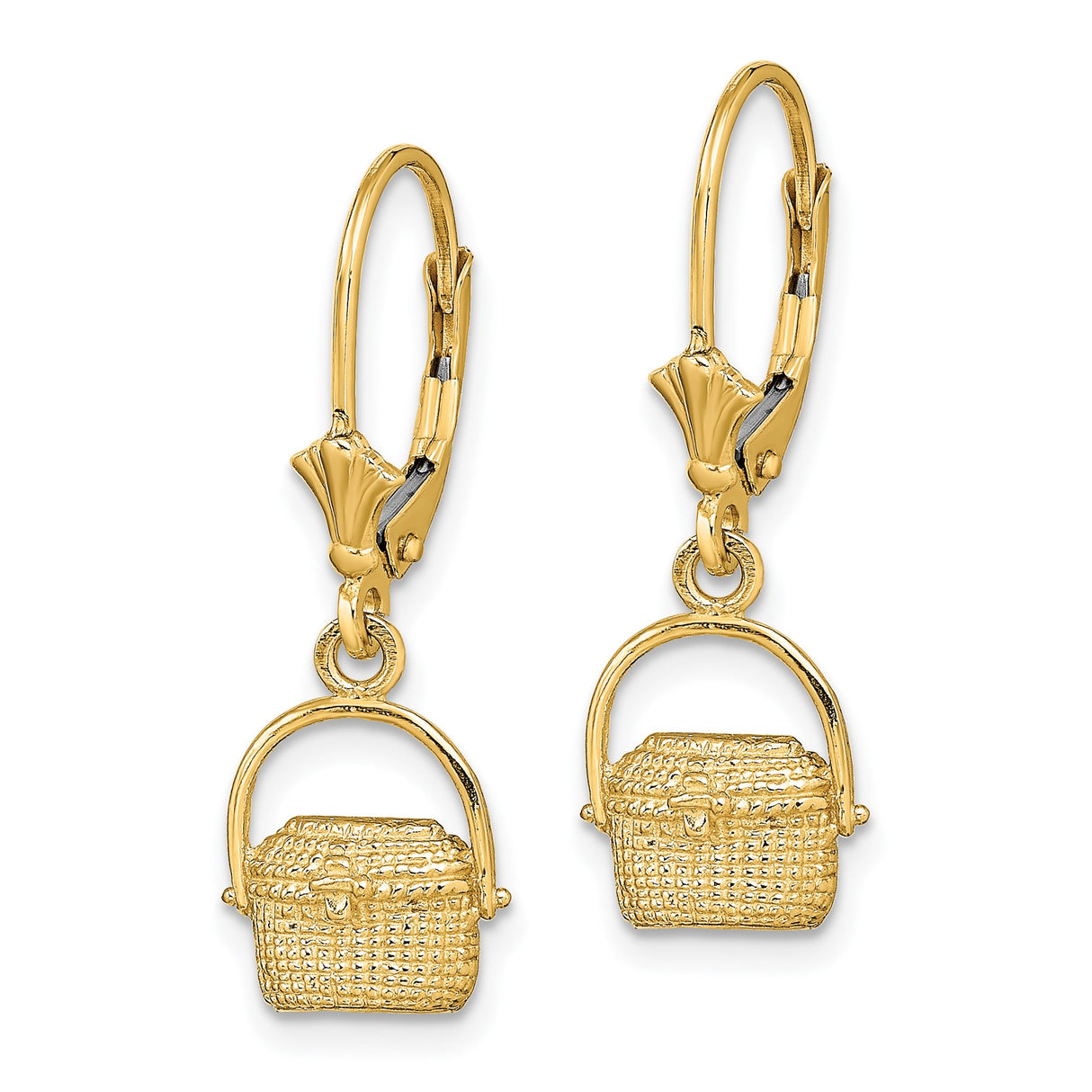 14k Yellow Gold Leverback Earrings with Picnic Basket Charms, Woven Detail Design
