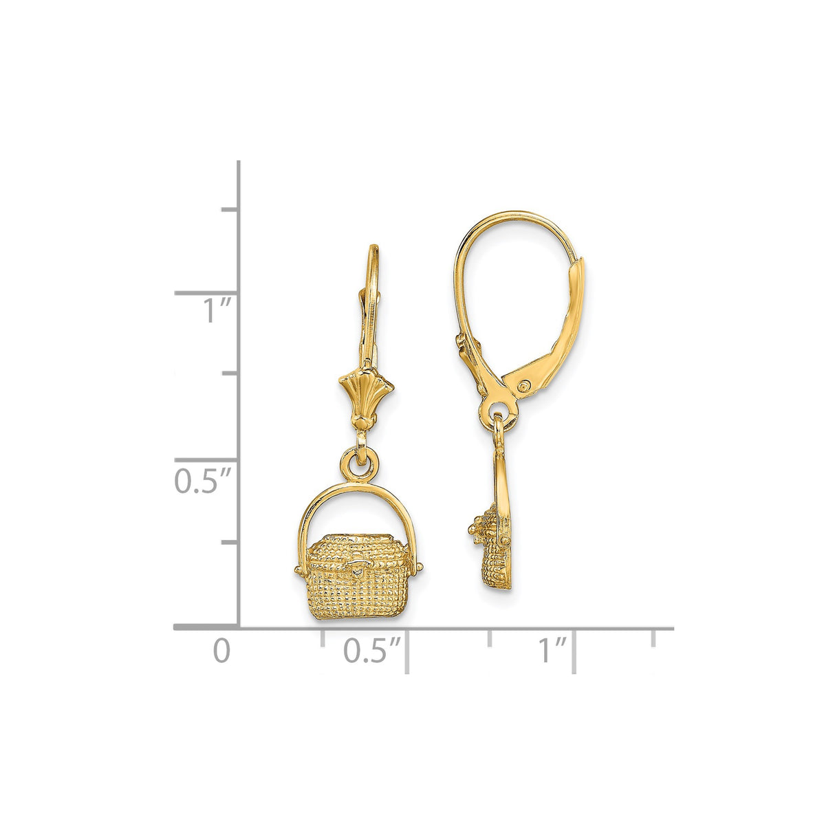14k Yellow Gold Leverback Earrings with Picnic Basket Charms, Woven Detail Design