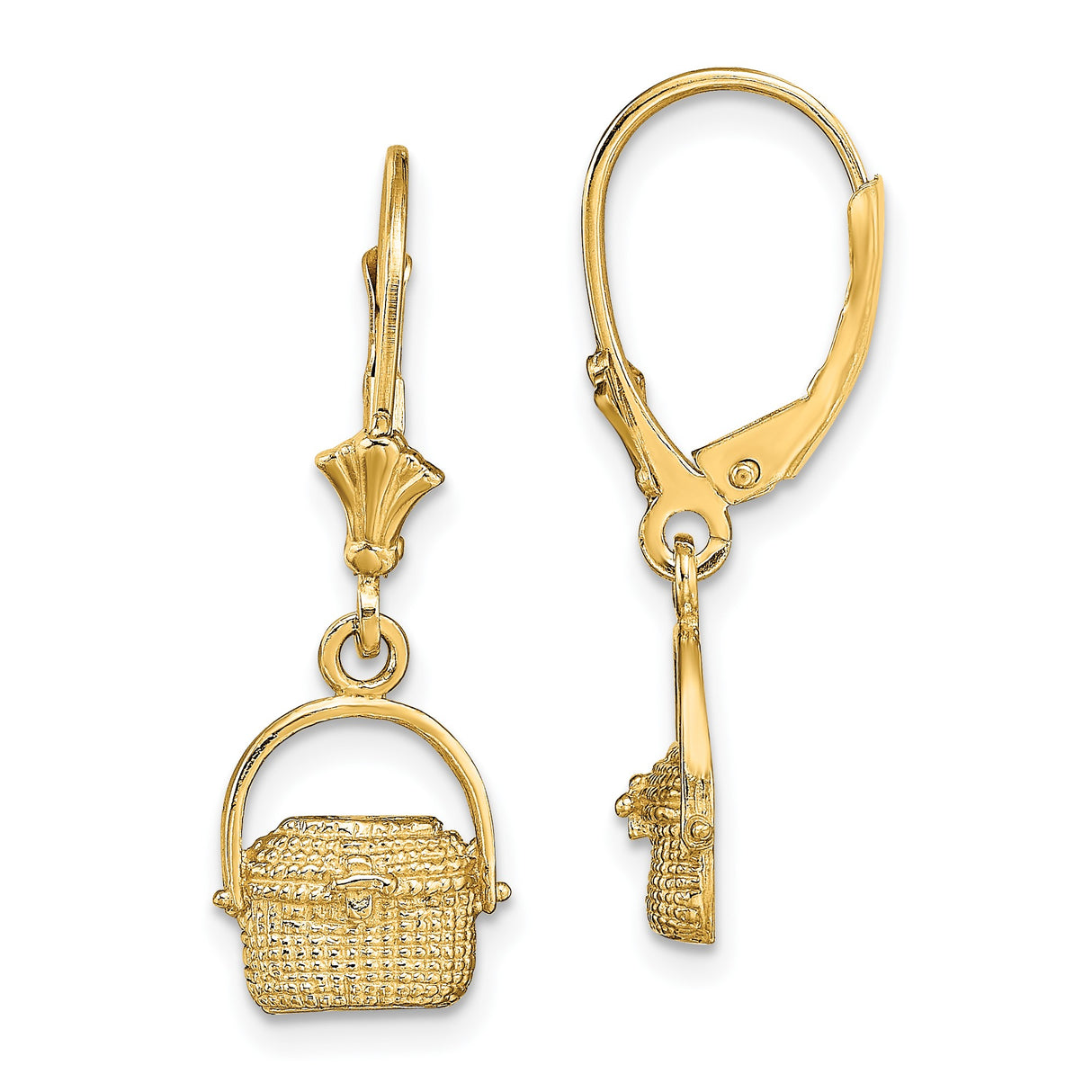14k Yellow Gold Leverback Earrings with Picnic Basket Charms, Woven Detail Design
