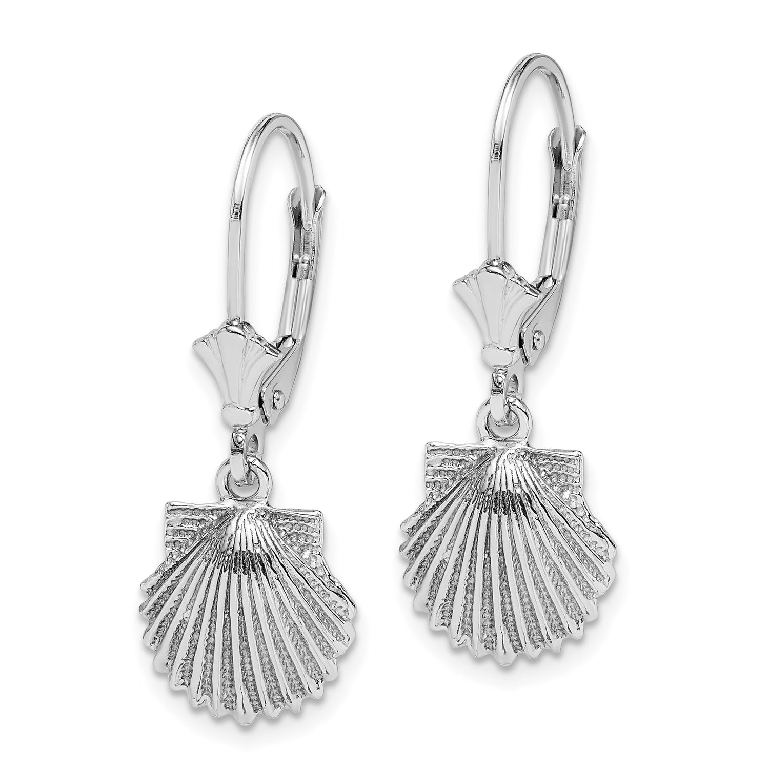 14k White Gold Leverback Dangle Earrings with Scallop Shell Charms, Camino de Santiago Theme