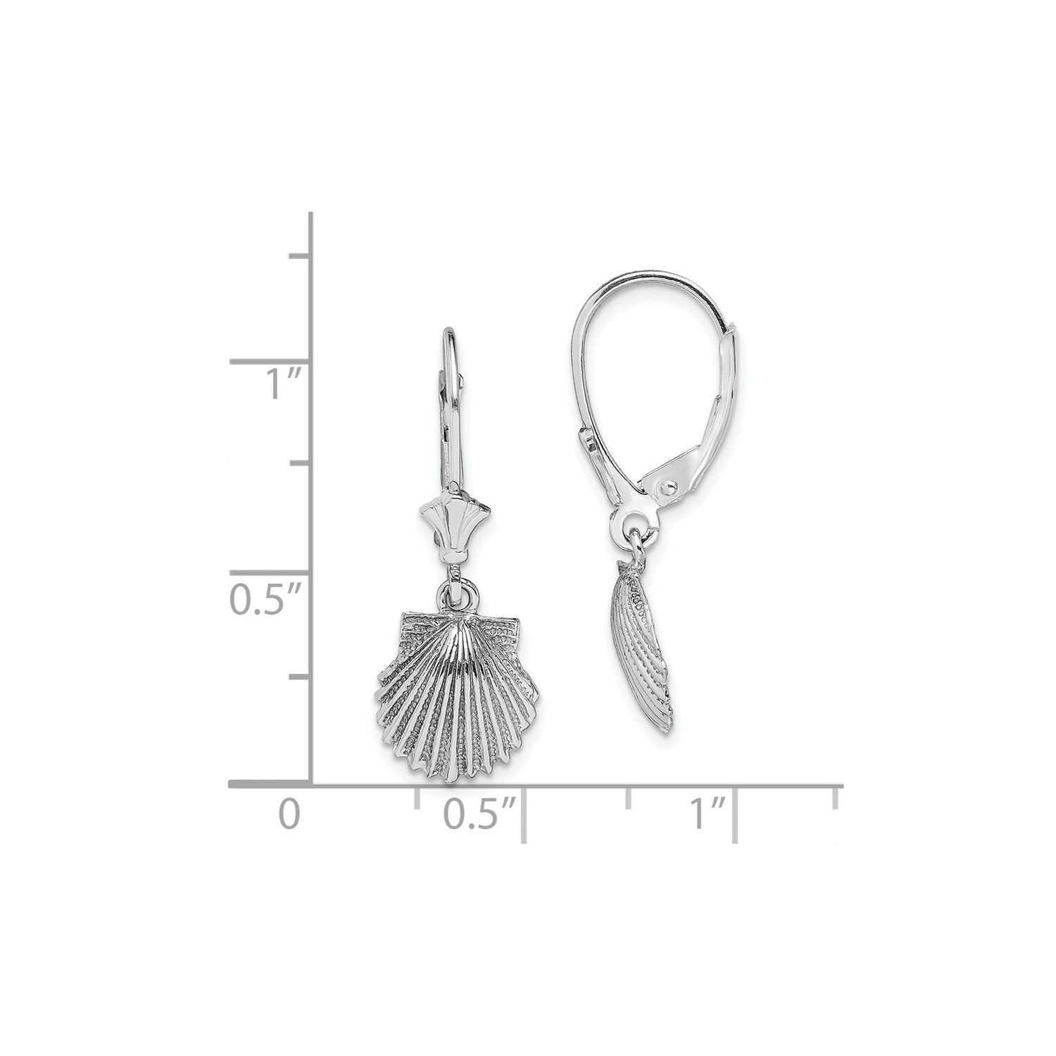 14k White Gold Leverback Dangle Earrings with Scallop Shell Charms, Camino de Santiago Theme