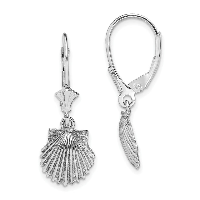 14k White Gold Leverback Dangle Earrings with Scallop Shell Charms, Camino de Santiago Theme