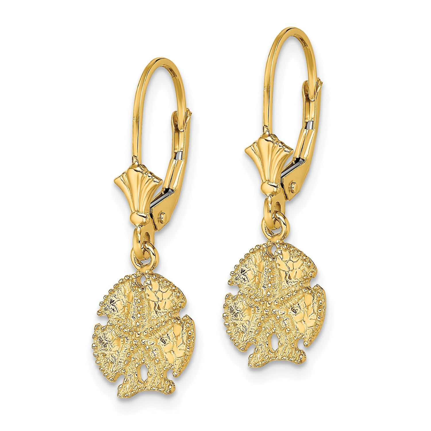 14k Yellow Gold Dangle Earrings with Sand Dollar Design, Nautical Coastal Style for Women