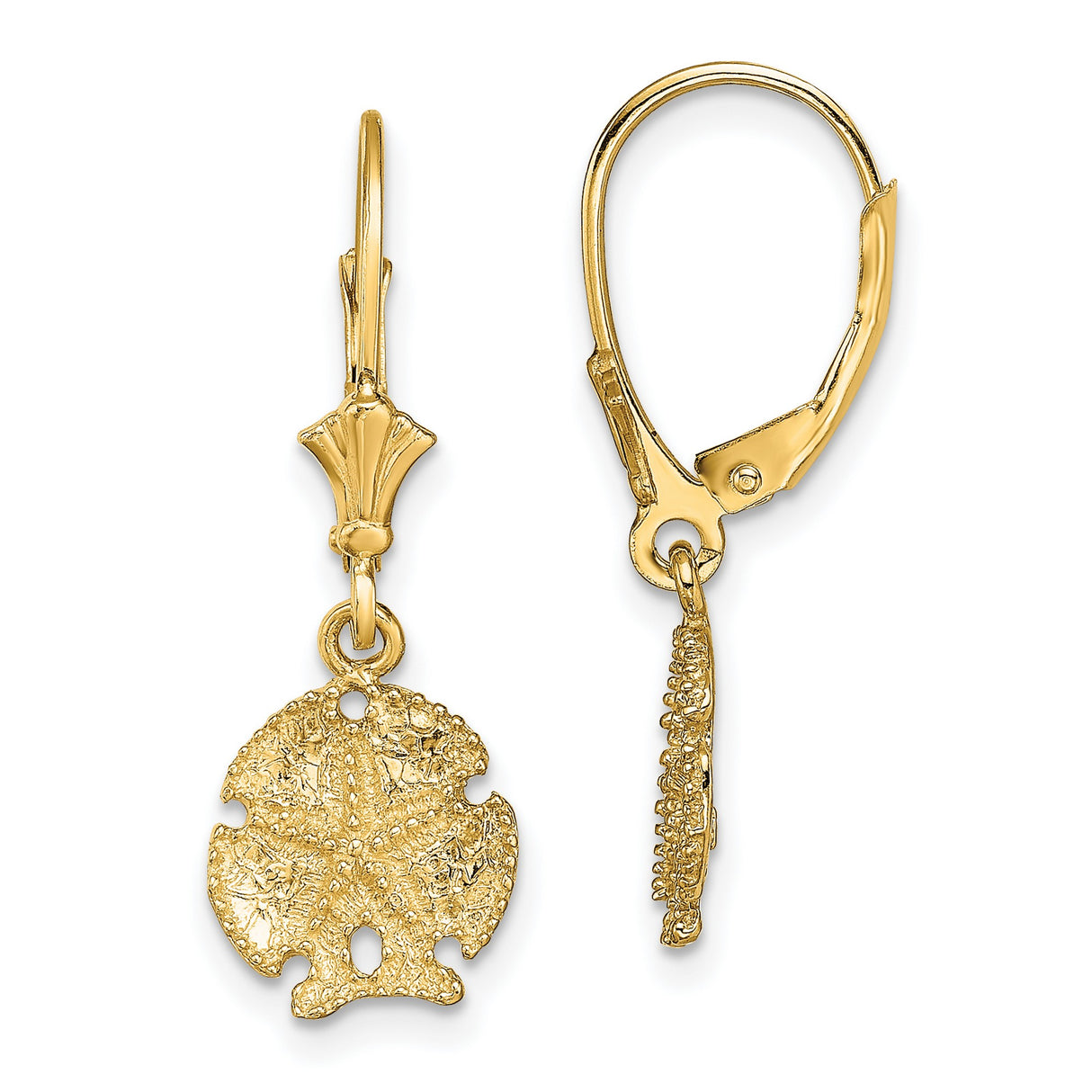 14k Yellow Gold Dangle Earrings with Sand Dollar Design, Nautical Coastal Style for Women