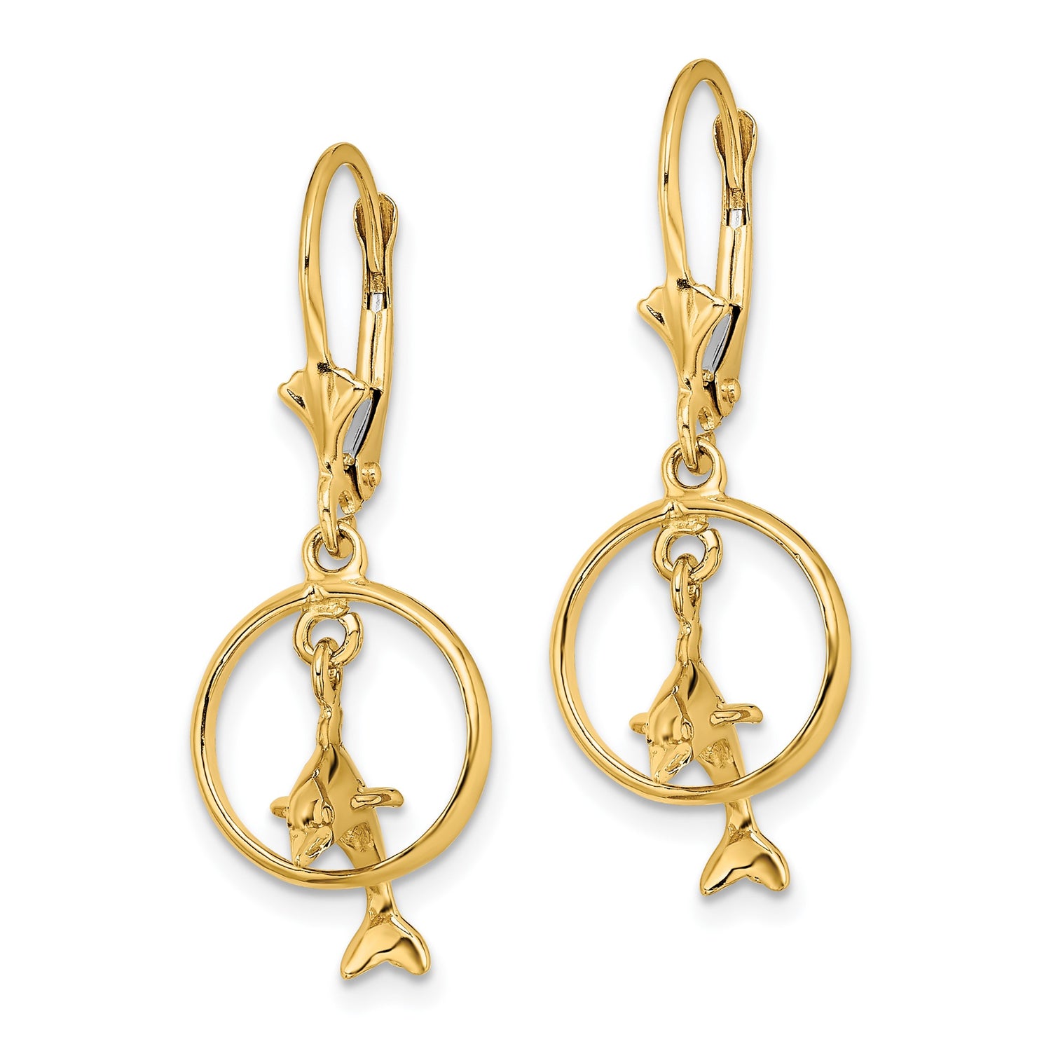 14k Yellow Gold Leverback Earrings, Jumping Dolphin Through Hoop, Nautical Marine Animal Theme