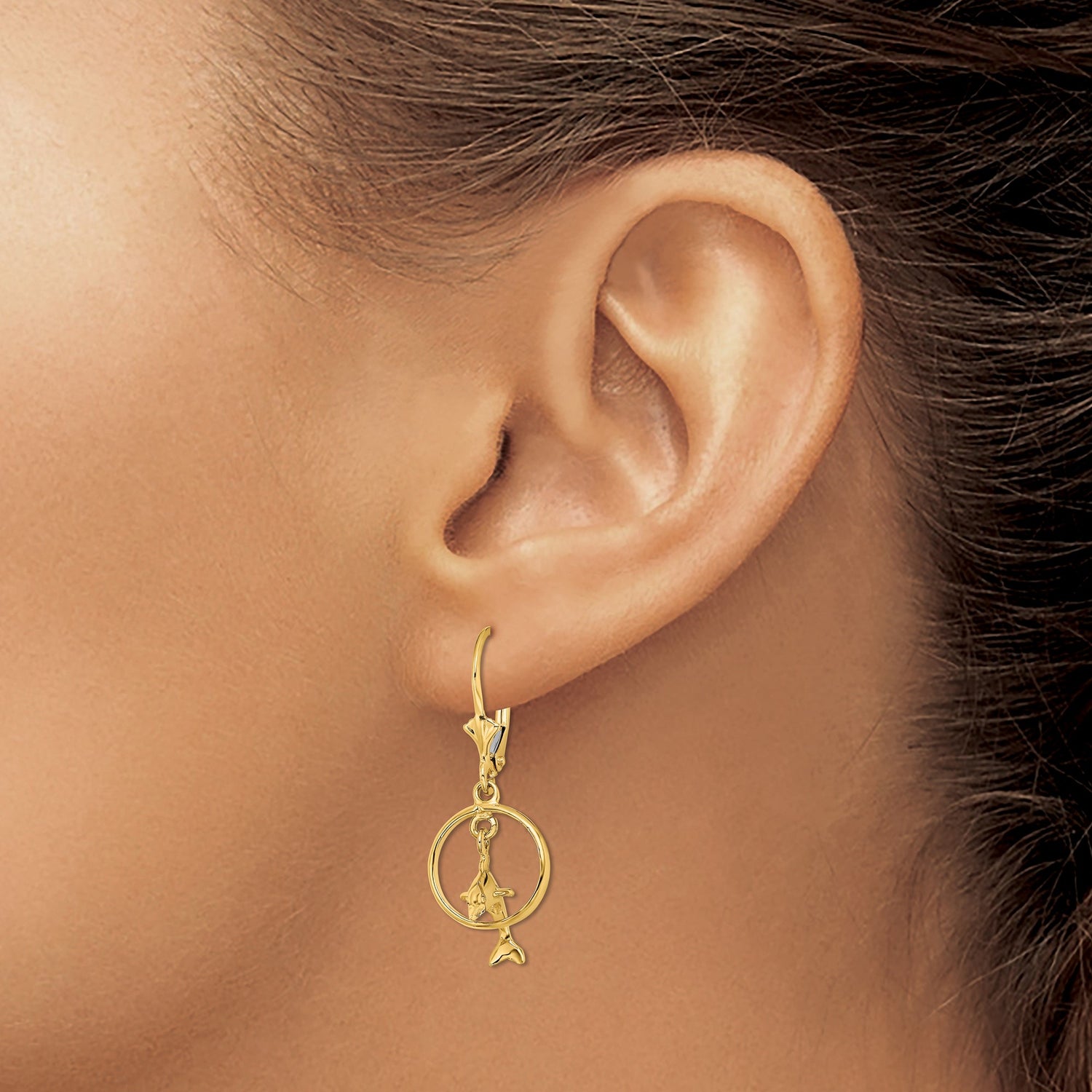 14k Yellow Gold Leverback Earrings, Jumping Dolphin Through Hoop, Nautical Marine Animal Theme
