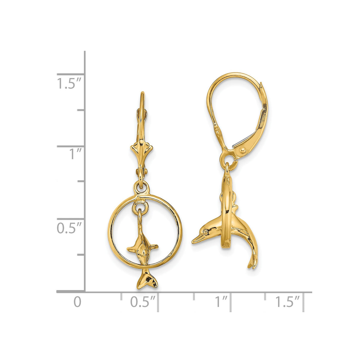 14k Yellow Gold Leverback Earrings, Jumping Dolphin Through Hoop, Nautical Marine Animal Theme