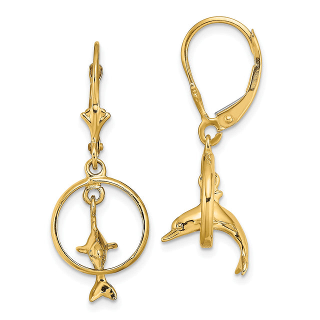 14k Yellow Gold Leverback Earrings, Jumping Dolphin Through Hoop, Nautical Marine Animal Theme