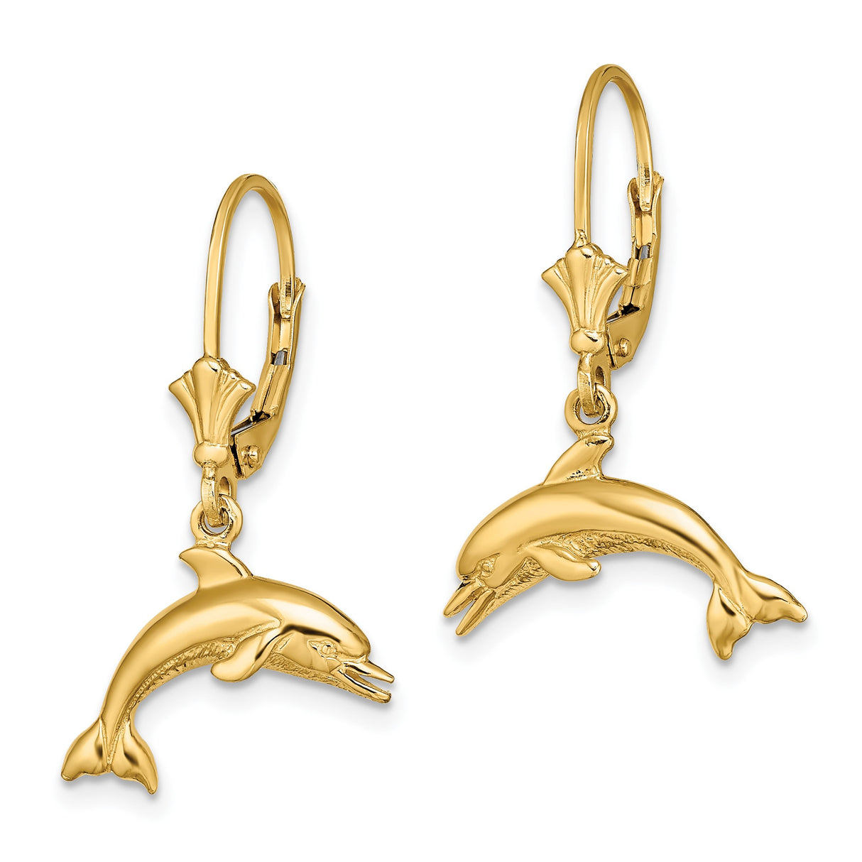 14k Yellow Gold Leverback Earrings with Jumping Dolphin Design, Ocean Inspired Jewelry for Women