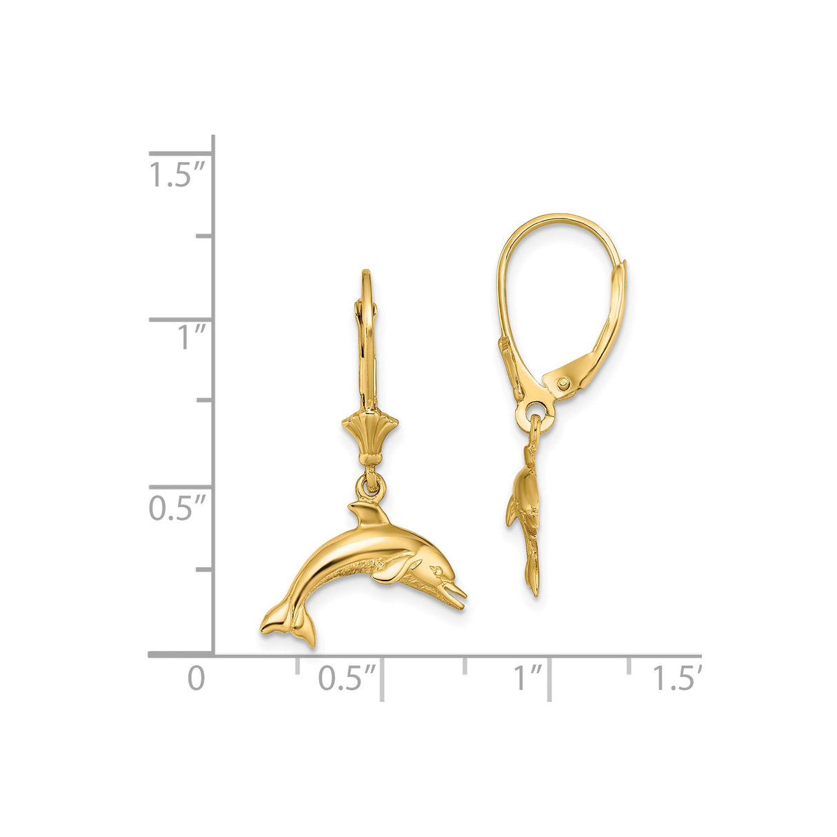 14k Yellow Gold Leverback Earrings with Jumping Dolphin Design, Ocean Inspired Jewelry for Women