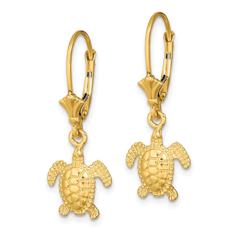 14k Yellow Gold Dangle Earrings with Sea Turtle Charms, Nautical Beach Style