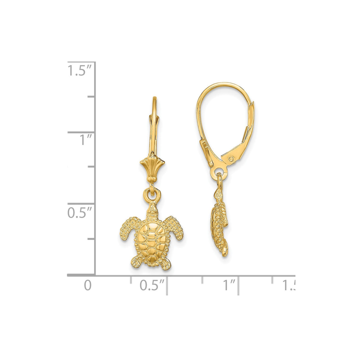 14k Yellow Gold Dangle Earrings with Sea Turtle Charms, Ocean Wildlife Theme