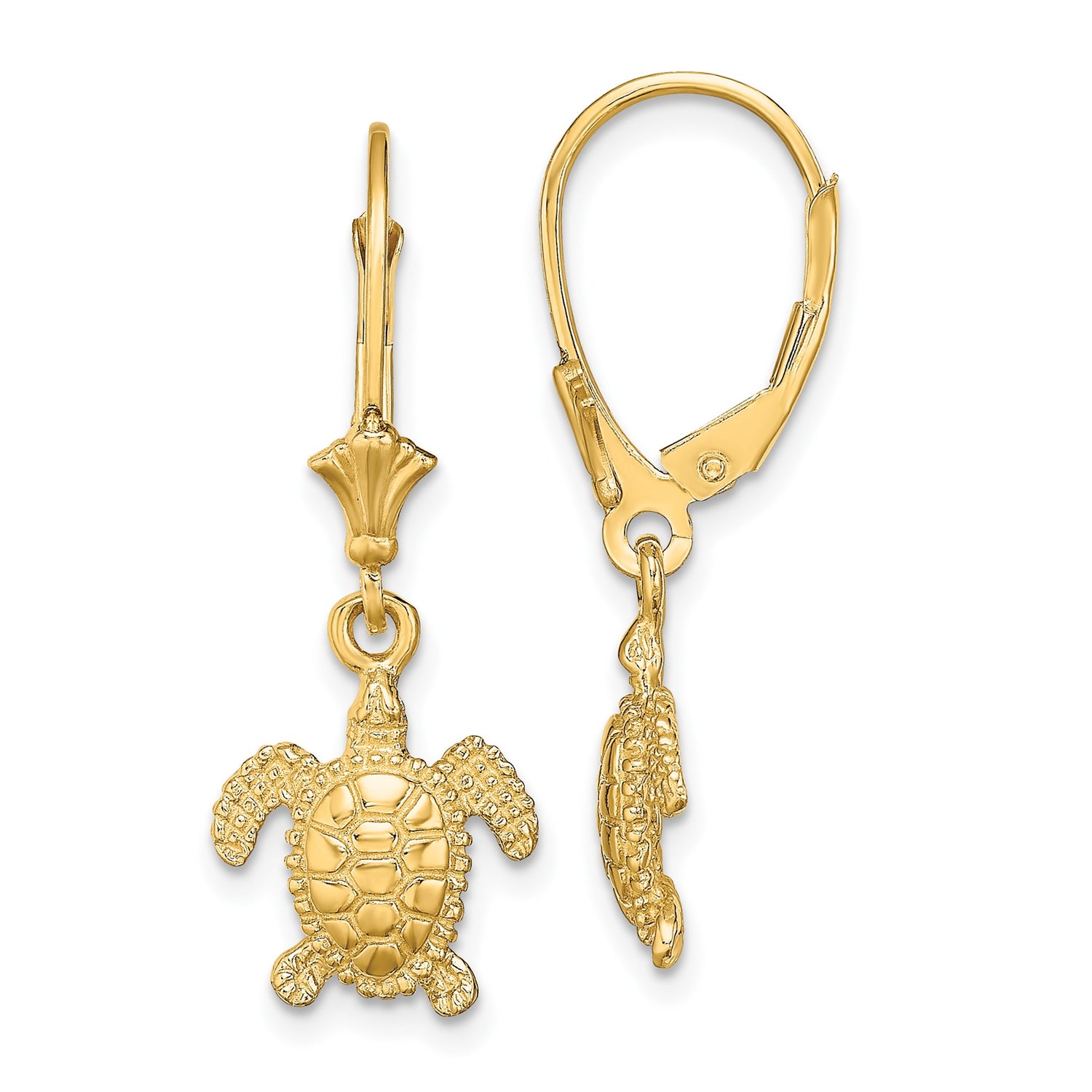 14k Yellow Gold Dangle Earrings with Sea Turtle Charms, Nautical Beach Style