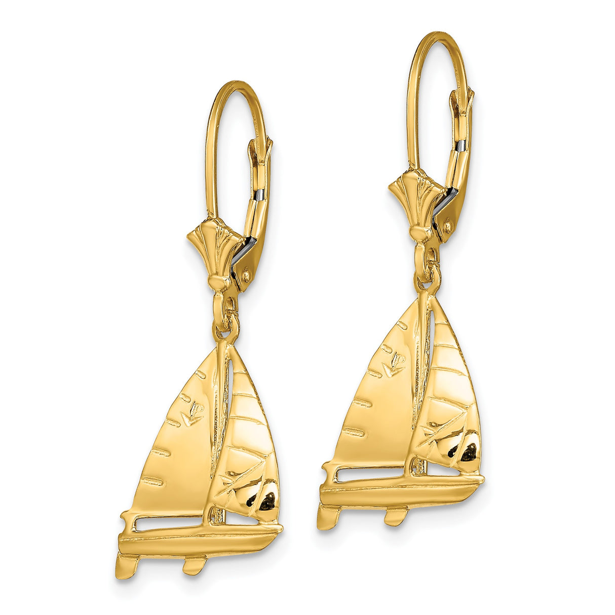 14k Yellow Gold Sailboat Dangle Earrings with Leverback Closures, Nautical Ocean Theme for Women