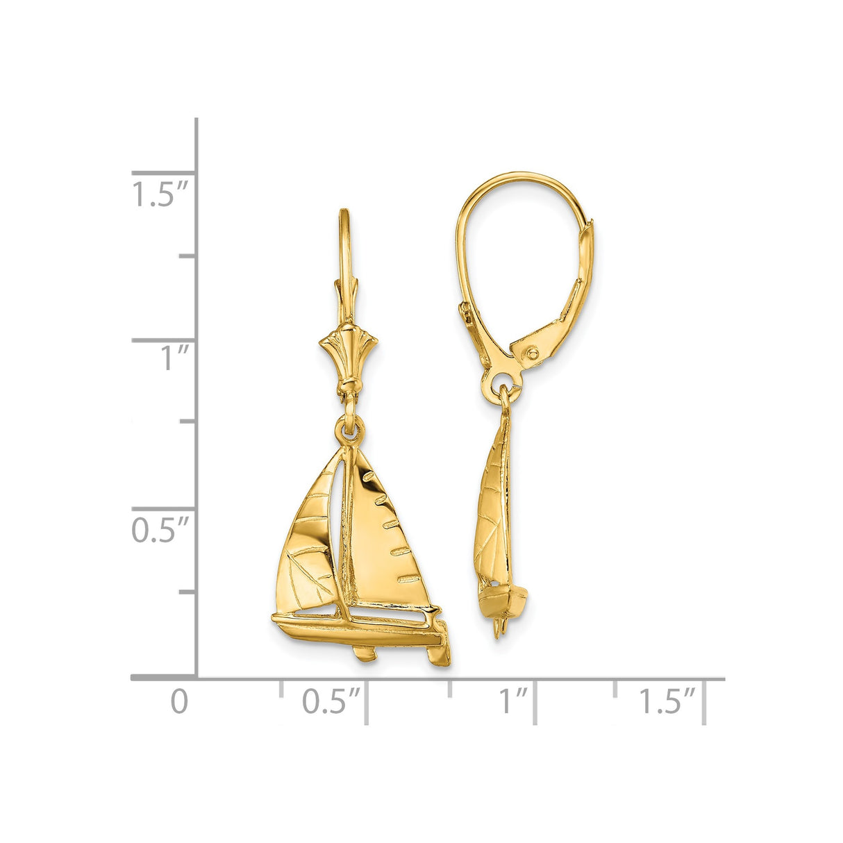 14k Yellow Gold Sailboat Dangle Earrings with Leverback Closures, Nautical Ocean Theme for Women