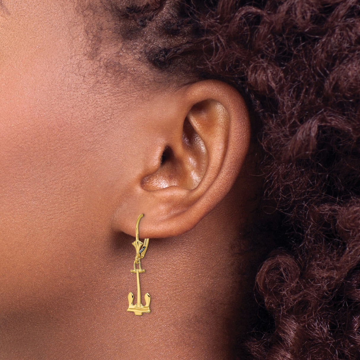 14k Yellow Gold Anchor Dangle Earrings with Leverback Closure, Nautical Charm Design for Women