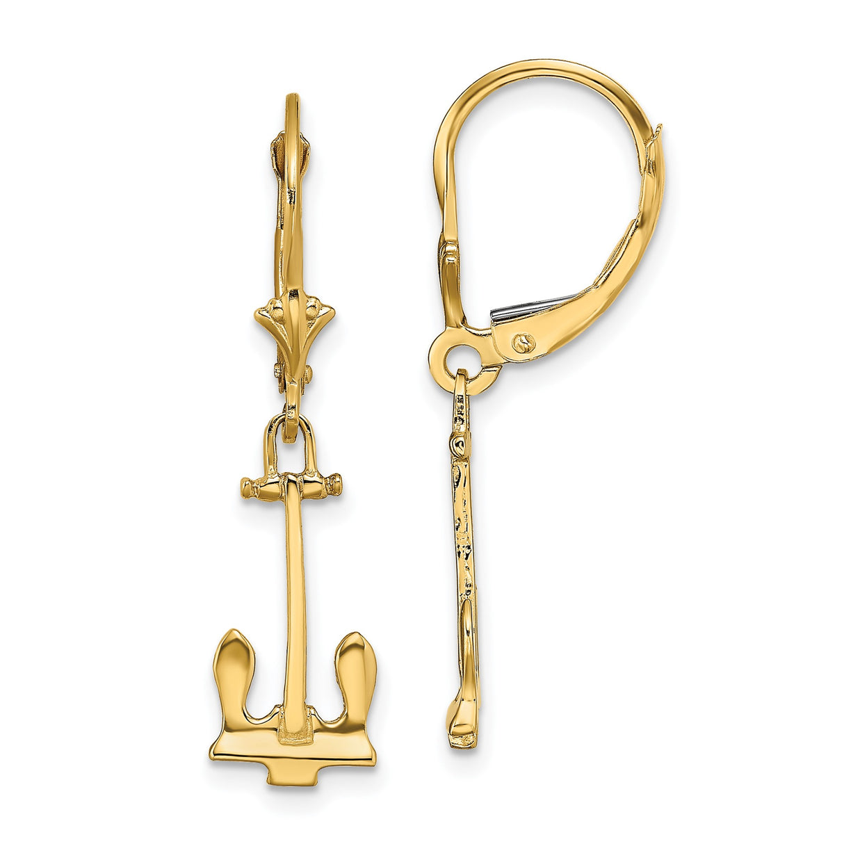 14k Yellow Gold Anchor Dangle Earrings with Leverback Closure, Nautical Charm Design for Women