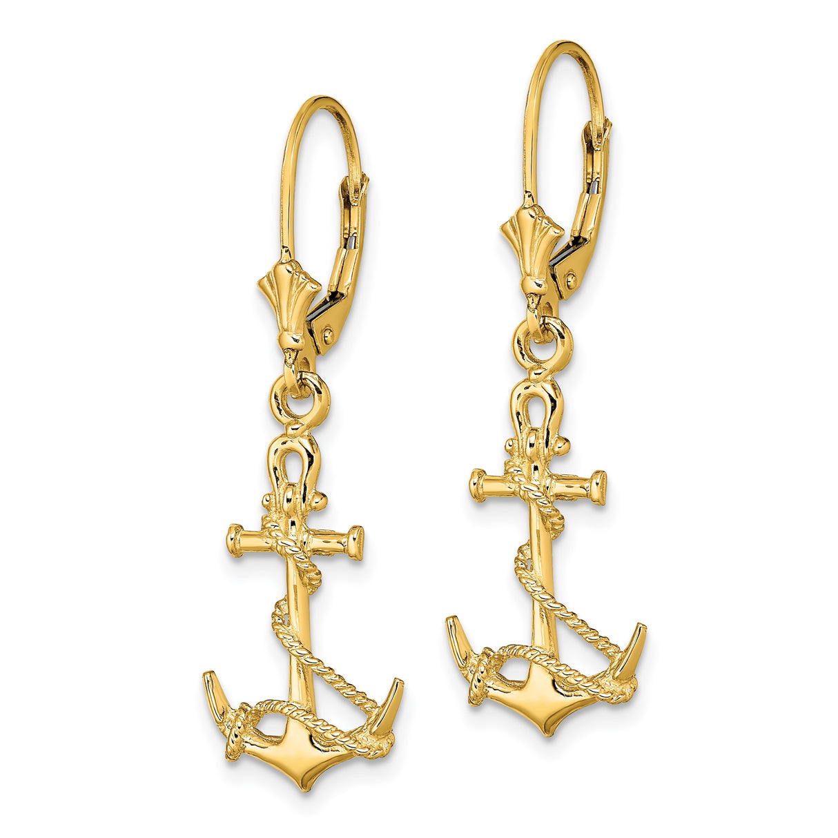 14k Yellow Gold Anchor Dangle Earrings with Rope Detail, Nautical Christian Symbol Style