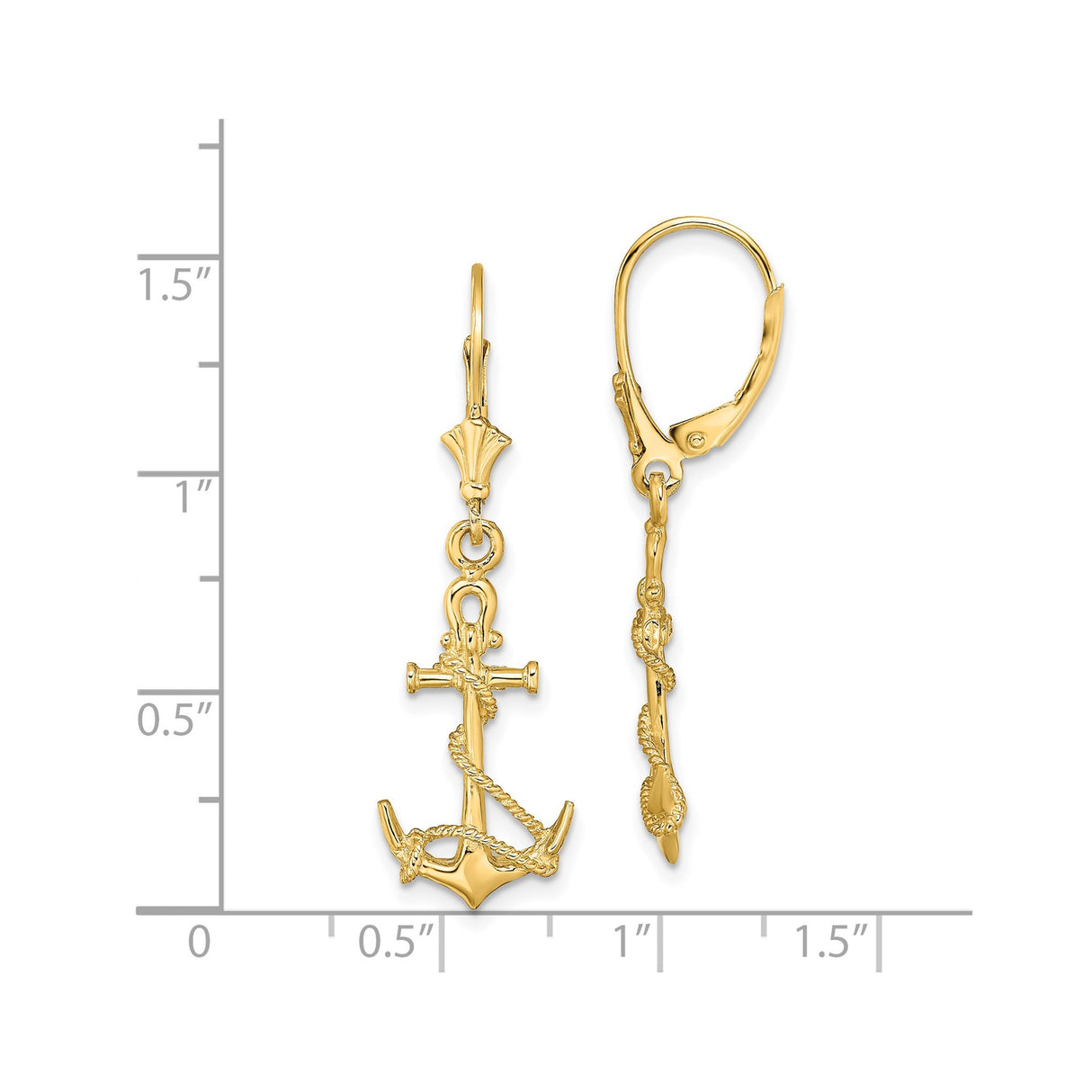 14k Yellow Gold Anchor Dangle Earrings with Rope Detail, Nautical Christian Symbol Style