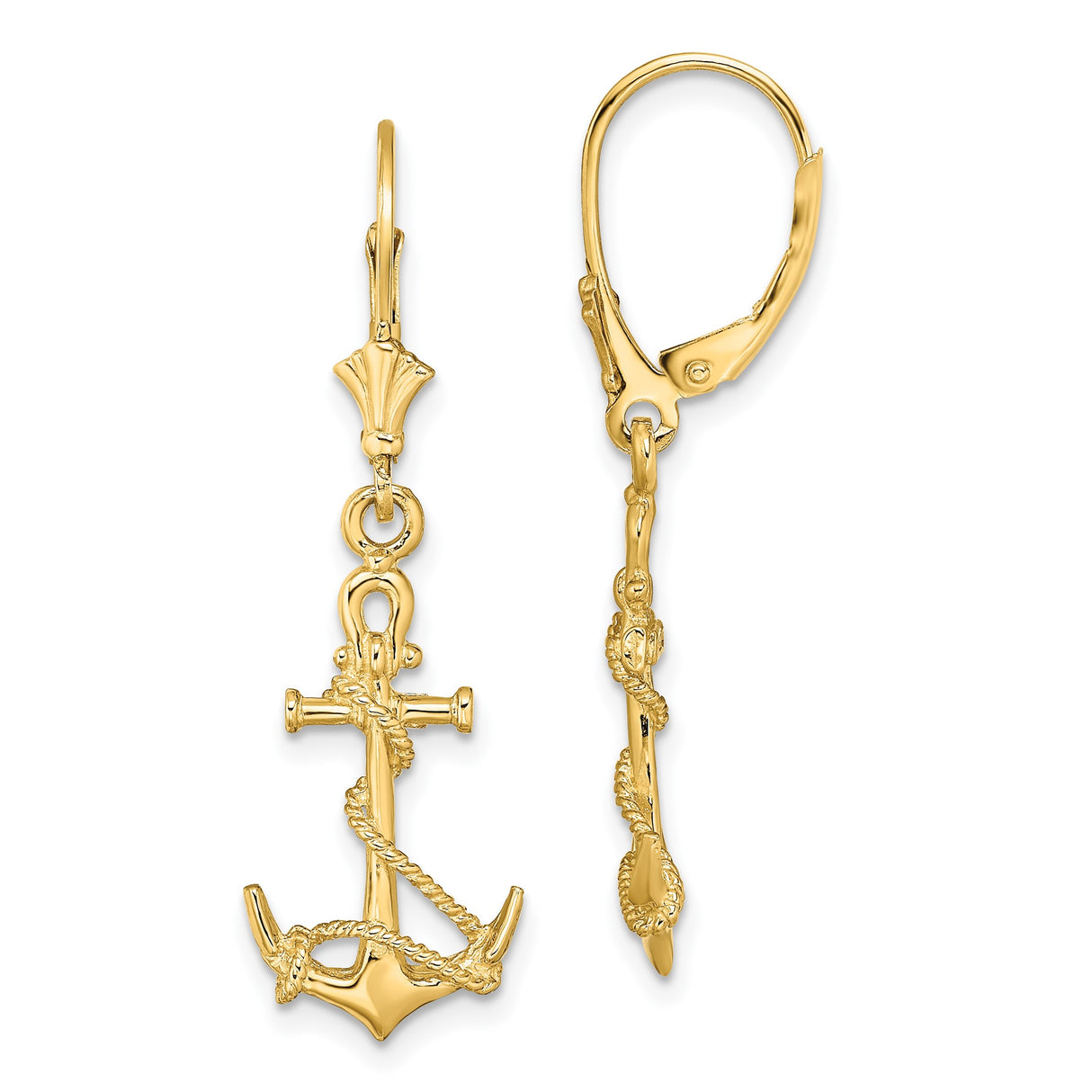 14k Yellow Gold Anchor Dangle Earrings with Rope Detail, Nautical Christian Symbol Style