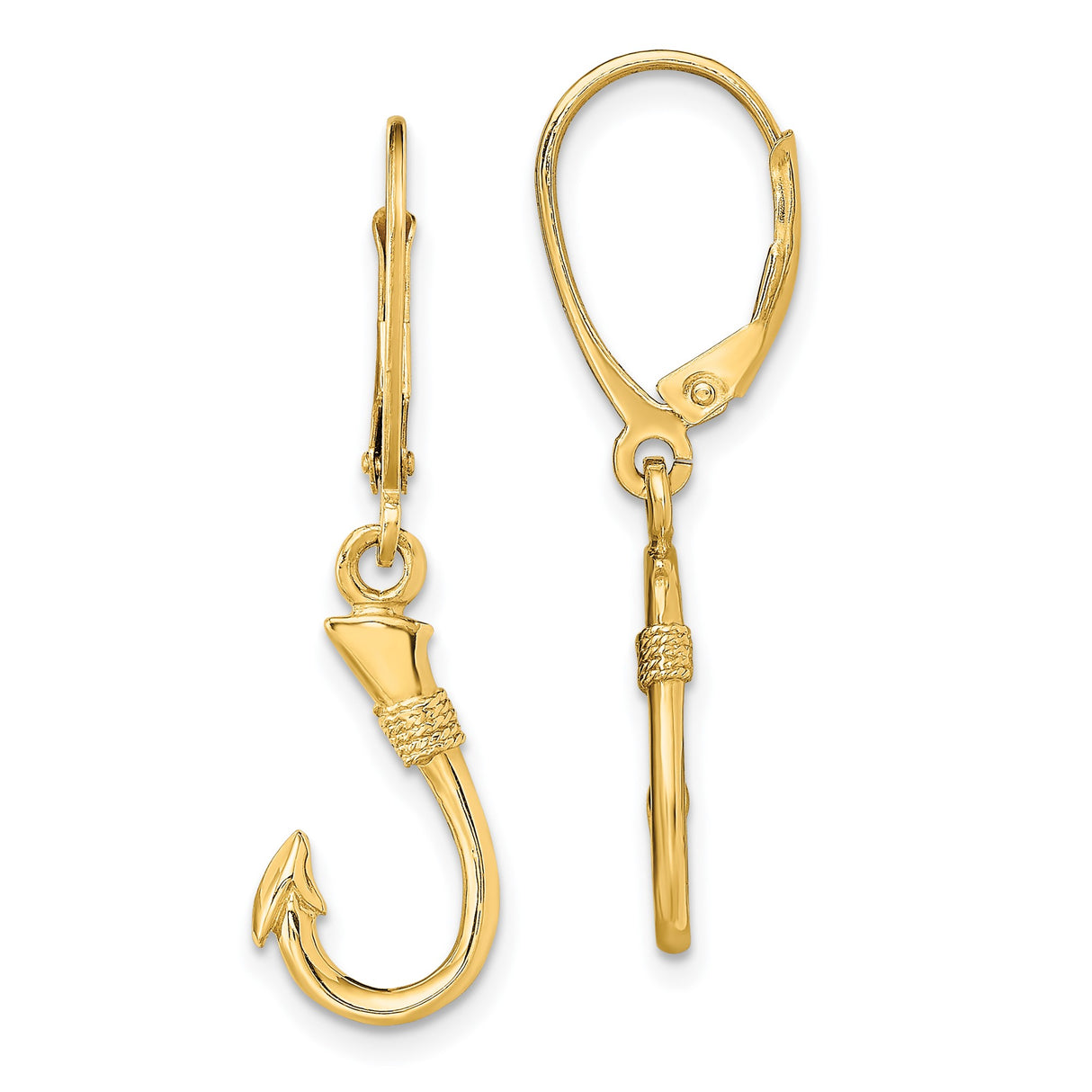14k Yellow Gold Fish Hook Dangle Earrings, Nautical Strength and Prosperity Theme