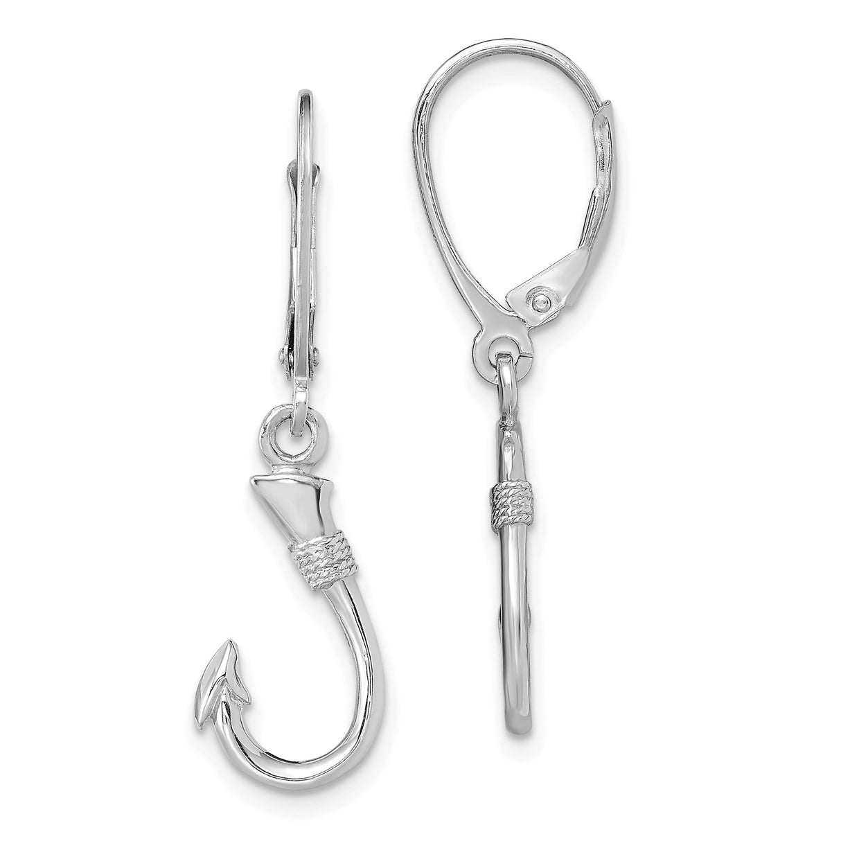 14k White Gold Fish Hook Dangle Earrings with Leverback Closures, Nautical Marine Style Charm