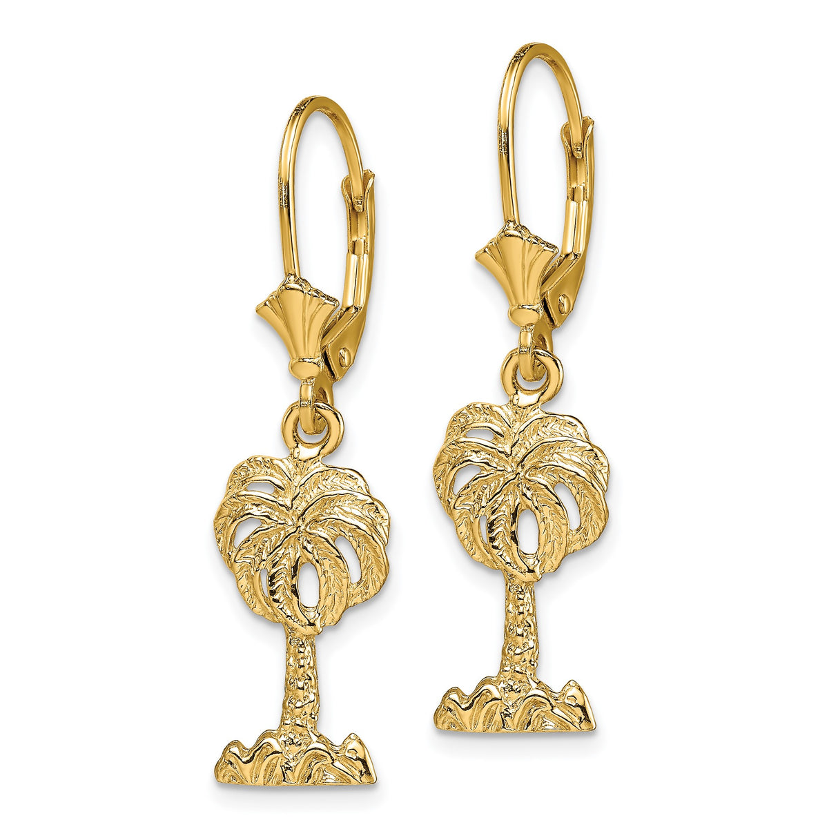14k Yellow Gold Dangle Earrings with Palm Tree Charms, Tropical Beach Vacation Style for Women