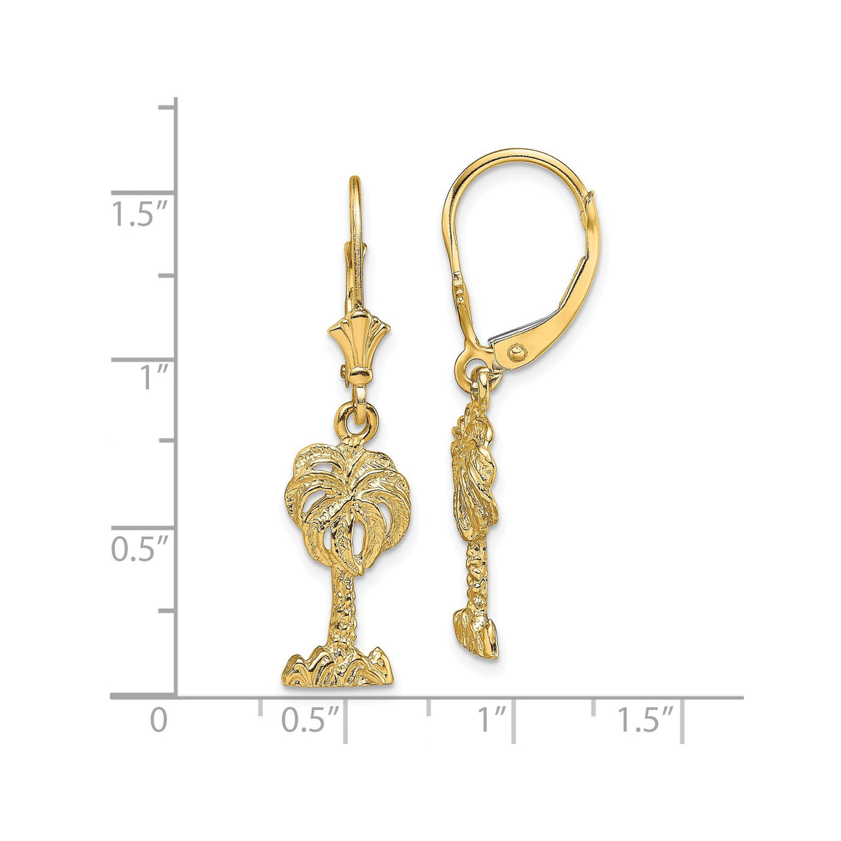 14k Yellow Gold Dangle Earrings with Palm Tree Charms, Tropical Beach Vacation Style for Women