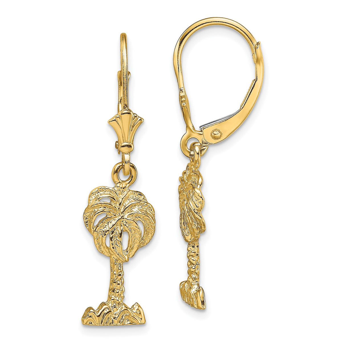 14k Yellow Gold Dangle Earrings with Palm Tree Charms, Tropical Beach Vacation Style for Women