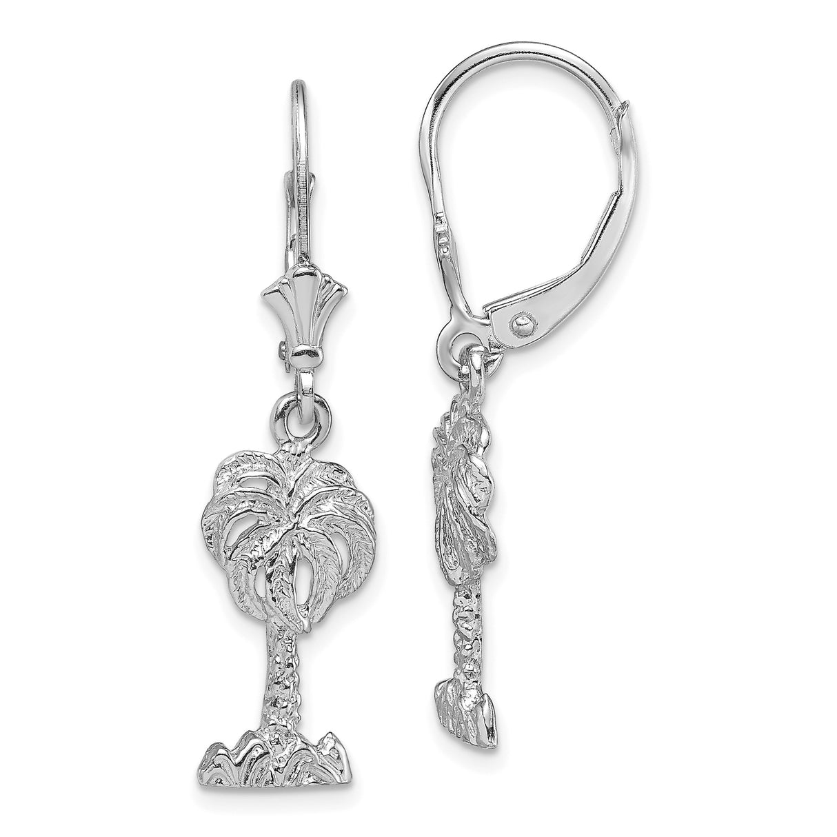 14k White Gold Leverback Earrings with Palm Tree Charms, Tropical Beach Theme