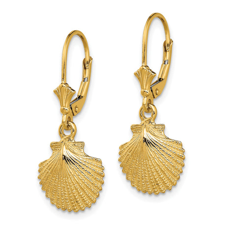 14k Yellow Gold Dangle Leverback Earrings with Scallop Shell Charm, Camino Spiritual Jewelry for Women