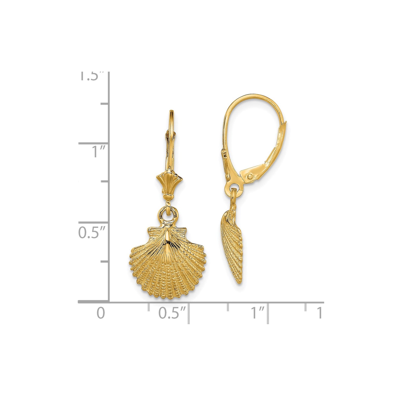 14k Yellow Gold Dangle Leverback Earrings with Scallop Shell Charm, Camino Spiritual Jewelry for Women
