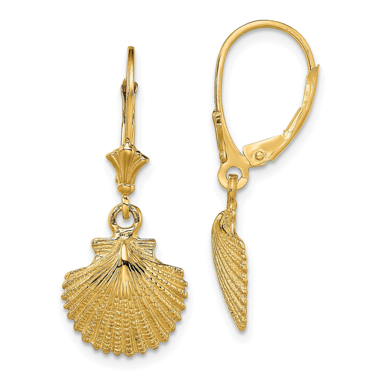 14k Yellow Gold Dangle Leverback Earrings with Scallop Shell Charm, Camino Spiritual Jewelry for Women