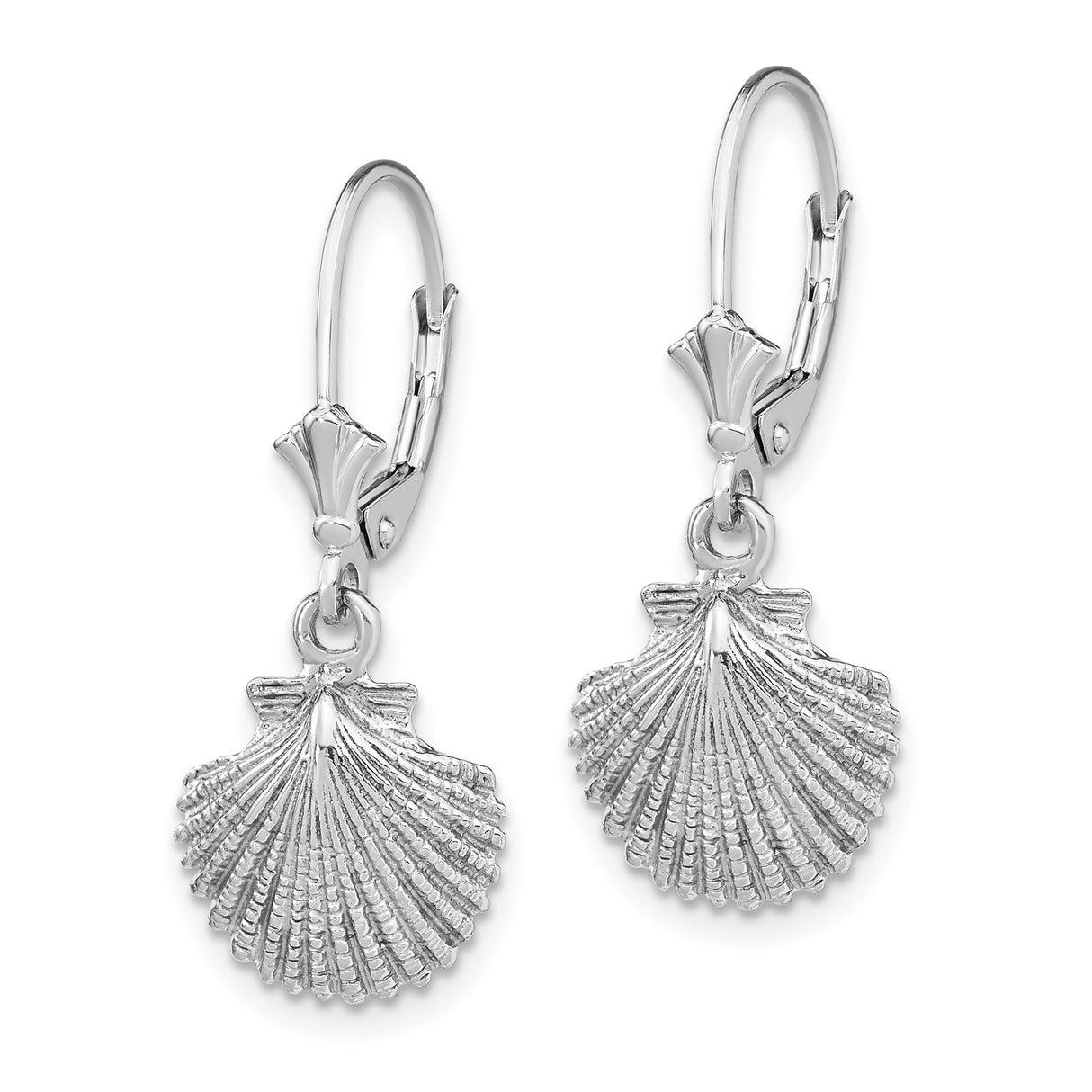 14k White Gold Scallop Shell Dangle Earrings with Fan Design Leverbacks for Women
