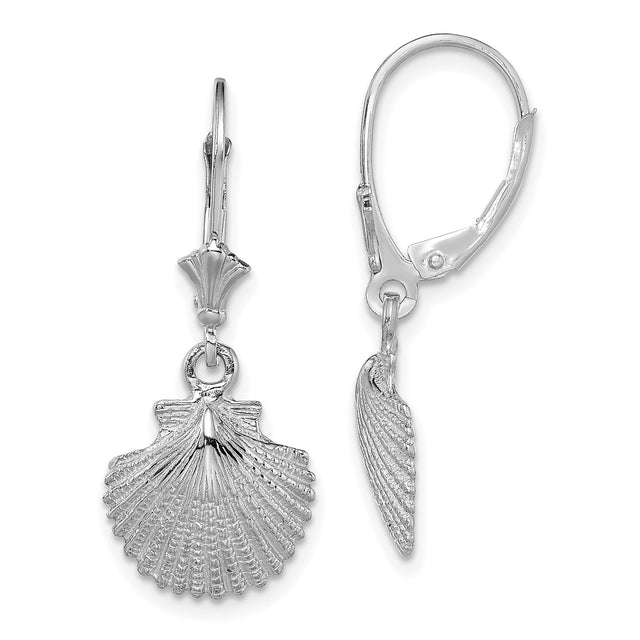 14k White Gold Scallop Shell Dangle Earrings with Fan Design Leverbacks for Women
