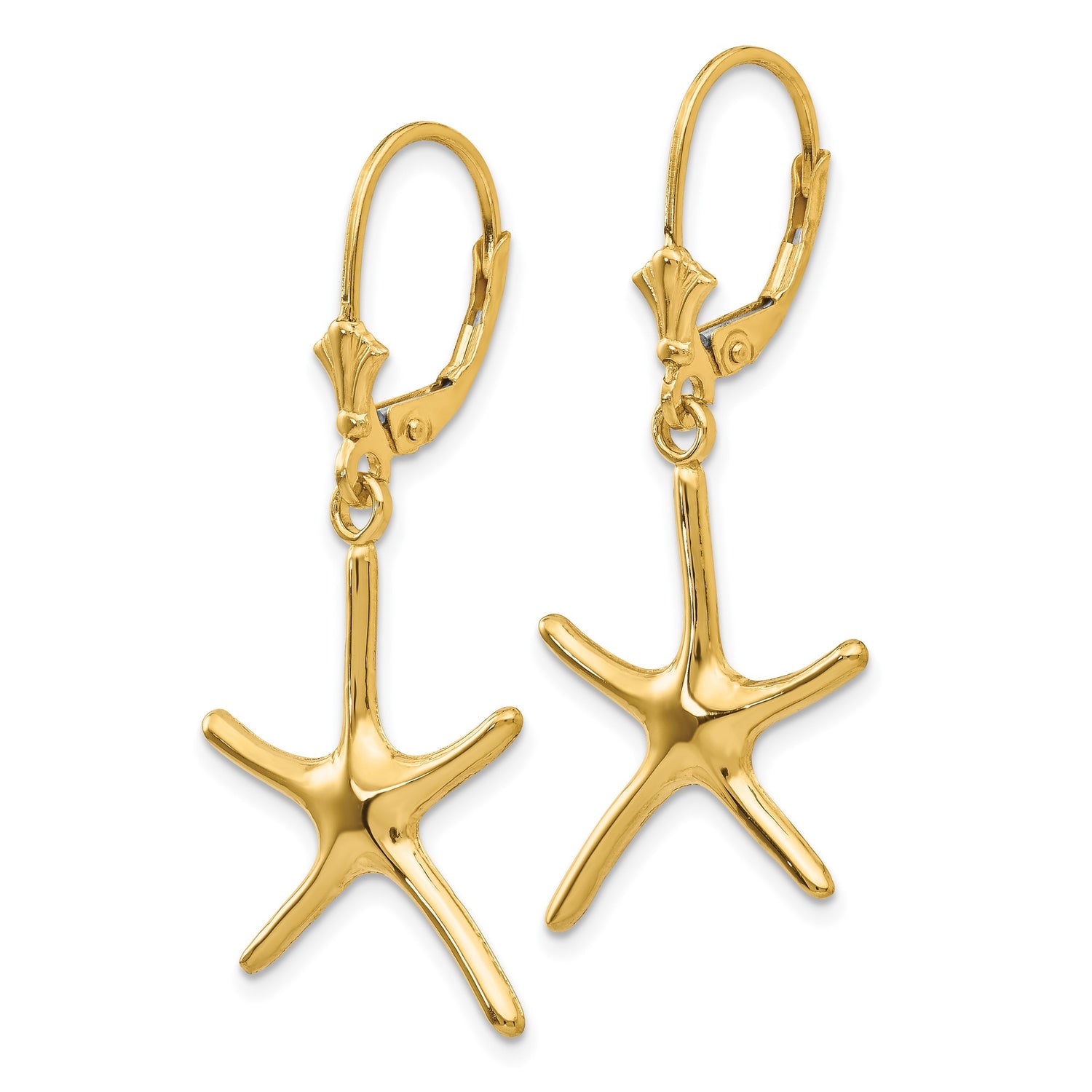 14k Yellow Gold Starfish Dangle Earrings, Coastal Nautical Summer Style for Women