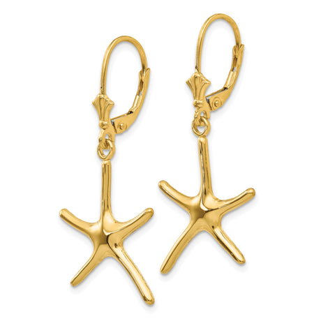 14k Yellow Gold Starfish Dangle Earrings, Coastal Nautical Summer Style for Women