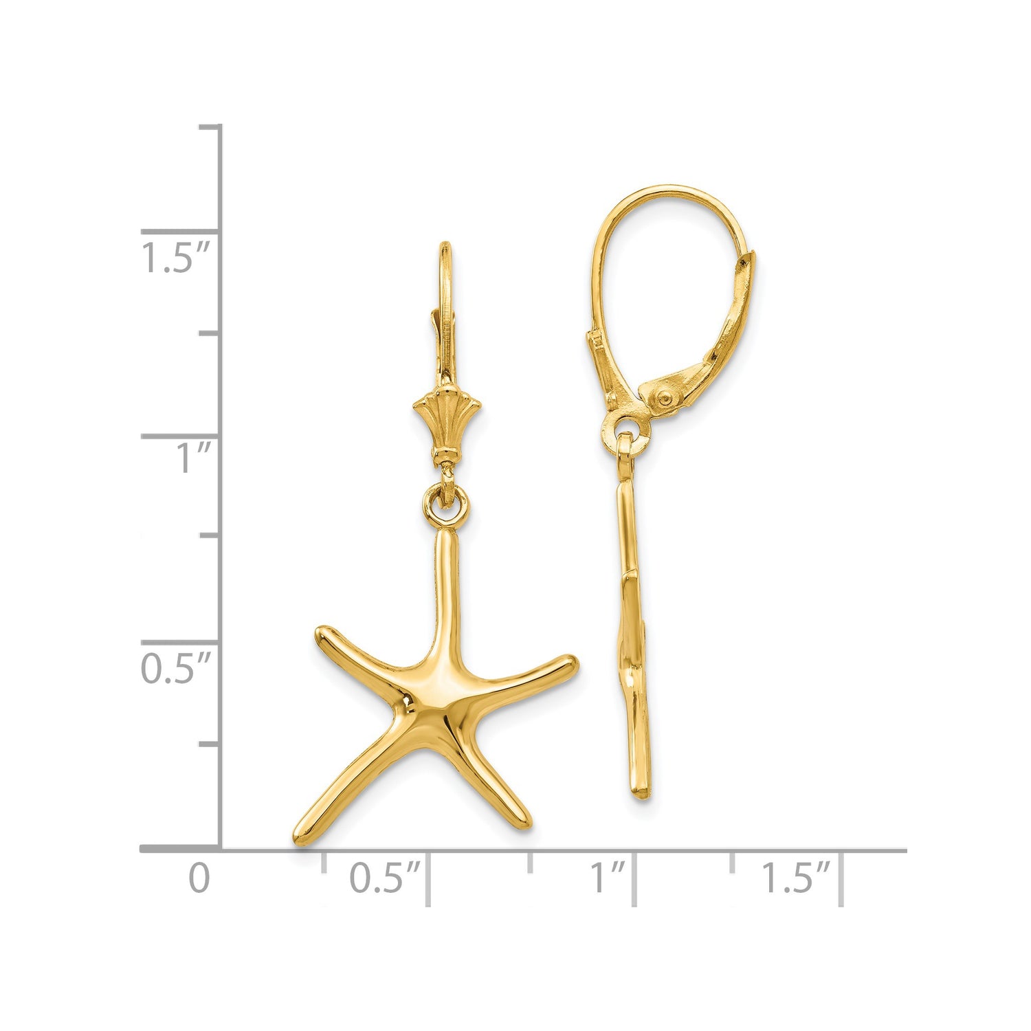 14k Yellow Gold Starfish Dangle Earrings, Coastal Nautical Summer Style for Women